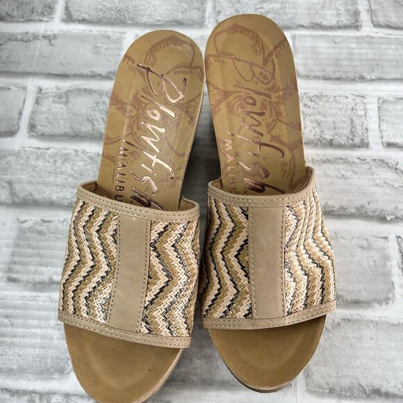 Blowfish Malibu Women's Size 7.5 Tan Chevron Woven Cork Platform Wedge Slides - Picture 8 of 11